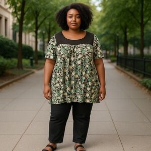 Faded Glory Women’s Stretch Tunic Blouse 3X 22W Green Beige White Brown